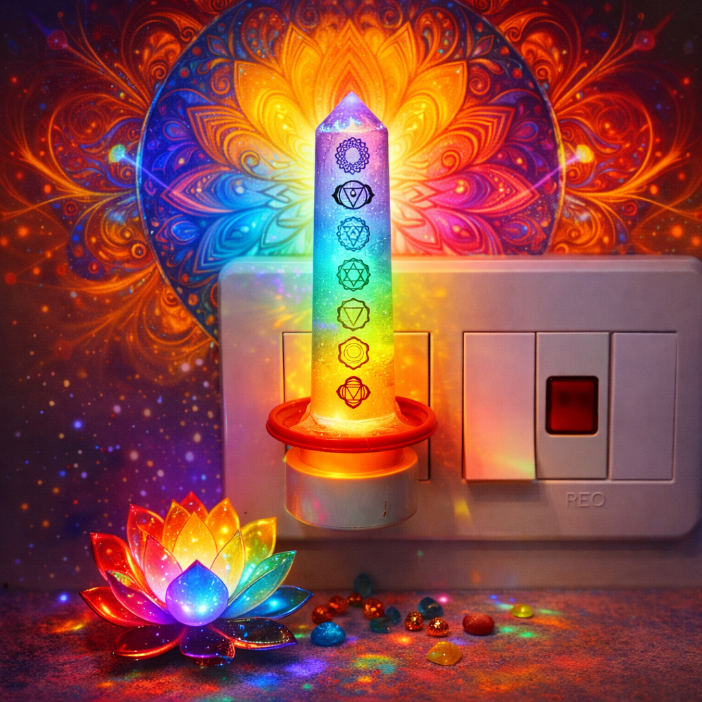 Selenite Seven Chakra Lamp